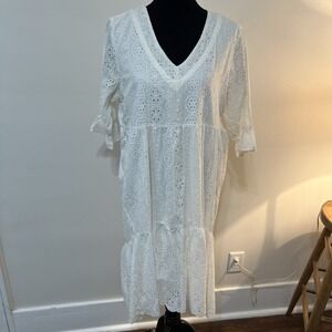 Fairhope Women White Eyelet Dress Tiered Ruffle Hem Maxi Dress Boho Beachy Large